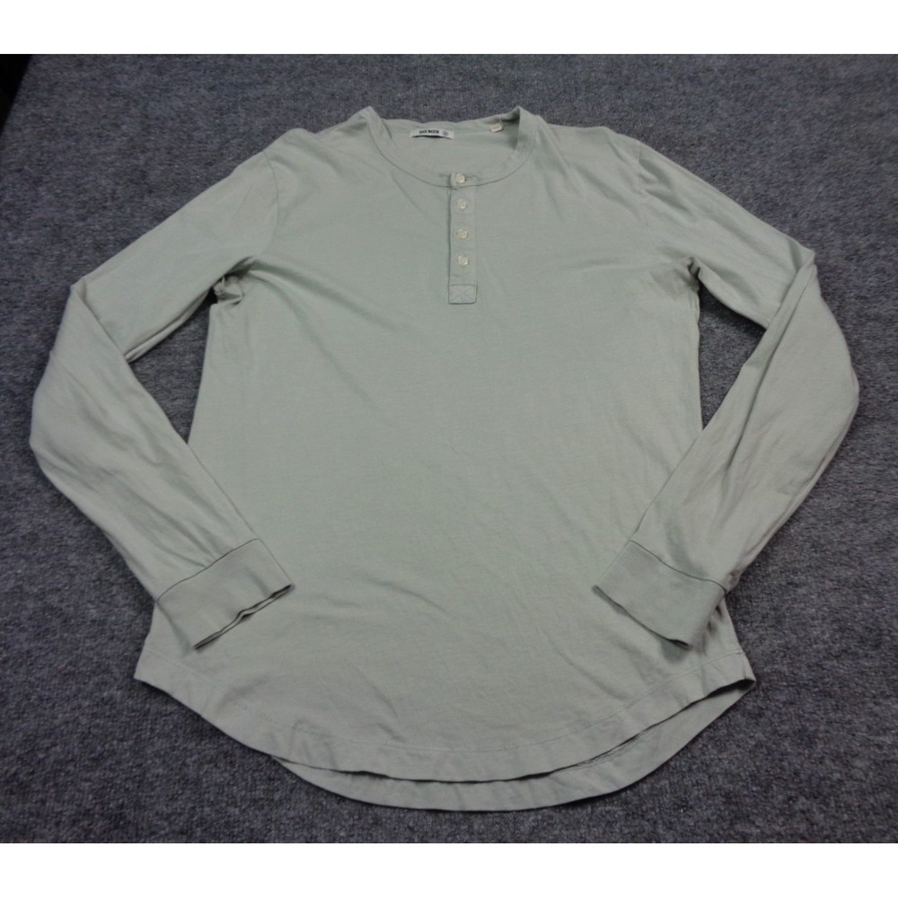 Buck Mason Shirt Mens M Curved Hem Henley Gray Green Long Sleeve Cotton